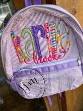 Load image into Gallery viewer, Appliqued double name Seersucker Backpack, Diaper Bag