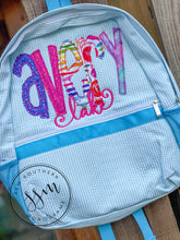 Load image into Gallery viewer, Appliqued double name Seersucker Backpack, Diaper Bag