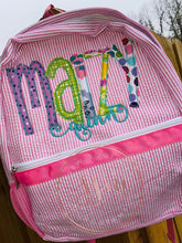 Load image into Gallery viewer, Appliqued double name Seersucker Backpack, Diaper Bag