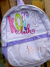 Load image into Gallery viewer, Appliqued double name Seersucker Backpack, Diaper Bag
