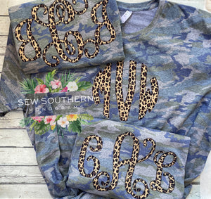 Camo tee with Cheetah applique initials