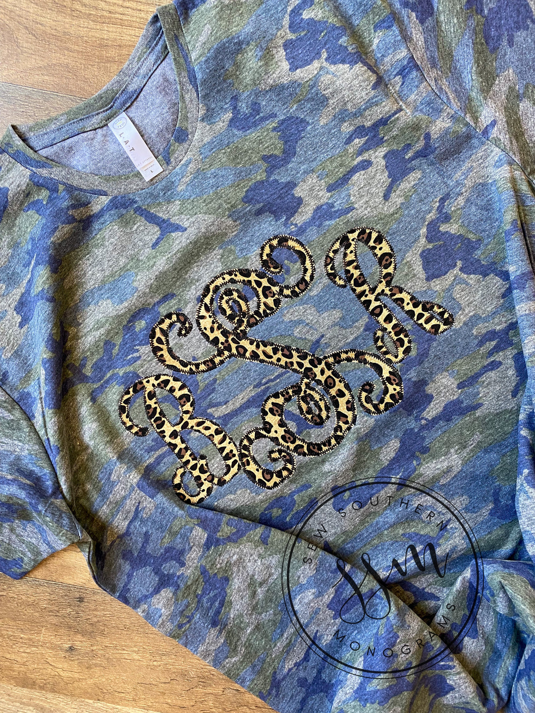 Camo tee with Cheetah applique initials